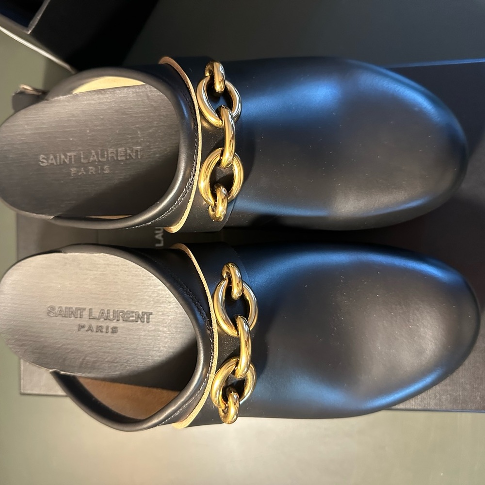 Saint Laurent Black Mules with Gold Chain